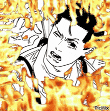 a black and white drawing of a man surrounded by flames with picmix in the lower right corner
