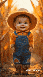 a baby dressed as a scarecrow is smiling and wearing overalls and a cowboy hat