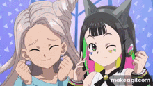 two anime girls are standing next to each other and one has a cat ear headset on