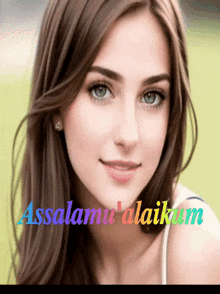 a close up of a woman 's face with the words " assalamu ' alaikum " written below her