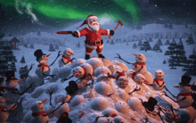 a cartoon of santa standing on top of a pile of snowmen with merry christmas written in the background