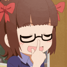 a cartoon girl with glasses and a red bow on her head