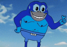a blue cartoon character with the word rom on his pants