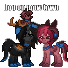a pixel art drawing of two ponies with the words hop on pony town above them