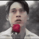a young man holds a red rose in his mouth