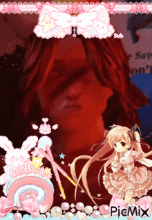 a picture of a man with a pink bow on his head is surrounded by anime characters and picmix