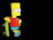 bart simpson is walking with a skateboard on his shoulder .