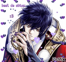 a man with purple nails is holding a trumpet with hearts around him .