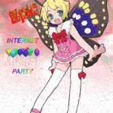 a girl with butterfly wings is surrounded by balloons and confetti with the words epic internet party below her