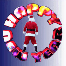 a picture of santa claus with the words happy new year in the background