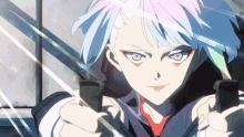 a close up of a person holding two guns