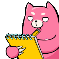 a pink teddy bear is holding a notebook with a pencil in its mouth
