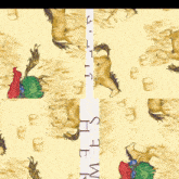 a fabric with cowboys and horses on it and the word show on the bottom right