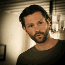 a man with a beard and a black shirt looks at the camera