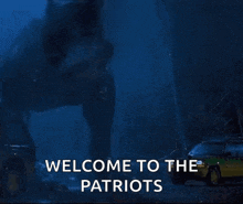 a t-rex with the words welcome to the patriots written below it