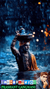 a picture of a man carrying a baby krishna on his head