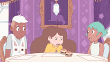 three cartoon characters are sitting around a table with hamburgers