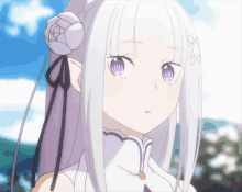 a girl with white hair and purple eyes has an x on her ear