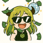 a cartoon drawing of a girl with horns and sunglasses surrounded by dollar bills with a disco ball in the background