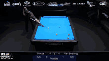 a pool table with a blue cloth and a man holding a cue