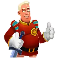 a cartoon king is giving a thumbs up and holding a sword