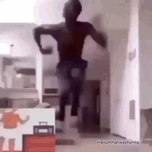 a man is jumping in the air in a living room with the caption bruhthatwasfunny