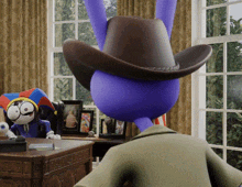 a cartoon character wearing a cowboy hat is sitting at a desk in front of a window