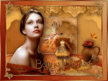 a picture of a woman with the words bonne journee written on it