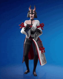 a woman with horns on her head is wearing a white and red outfit