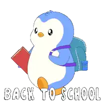 a penguin is holding a book and a backpack with the words back to school written below it