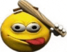 a yellow smiley face is holding a wooden baseball bat over its head .