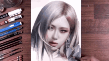 a drawing of a woman 's face is surrounded by pencils and markers including one that says a4