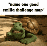 a frog wearing a hat with the words " name one good emilia challenge map " above it