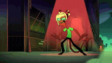 a cartoon character in a green shirt is standing in a dark alleyway