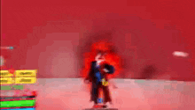 a person in a video game with a red background