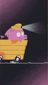 a cartoon pig wearing a yellow hat is in a wooden wagon