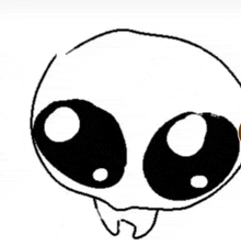 a black and white drawing of a cartoon character with big eyes and a mouth .