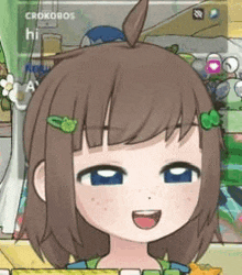 a cartoon girl with brown hair and blue eyes is smiling and looking at the camera .