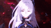 a girl with long white hair and red eyes is looking down