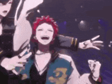 a group of anime characters are dancing on a stage and laughing .