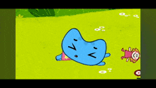 a cartoon character laying on the grass with a girl standing next to it