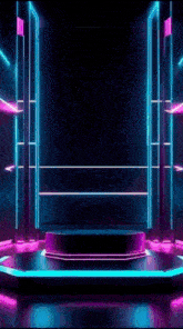 a stage with purple and blue lights and a podium