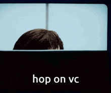a cartoon character with glasses is looking out a window with the words hop on vc below him