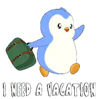 a blue and white penguin carrying a green suitcase with the words " i need a vacation " below it
