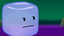 a cartoon ice cube with an angry face on a purple background