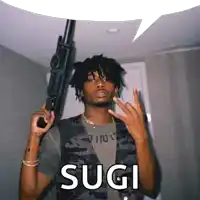 a man holding a gun with a speech bubble that says " sugi "