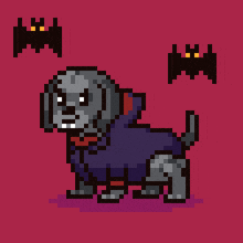 a pixel art of a dog dressed as a vampire with bats in the background