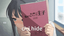 a girl holding a book that says " cici hide " on it