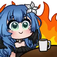 a drawing of a girl with blue hair holding a cup