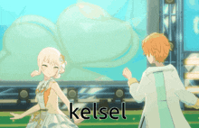 a girl and a boy are dancing in a video game and the word kelsel is above them
